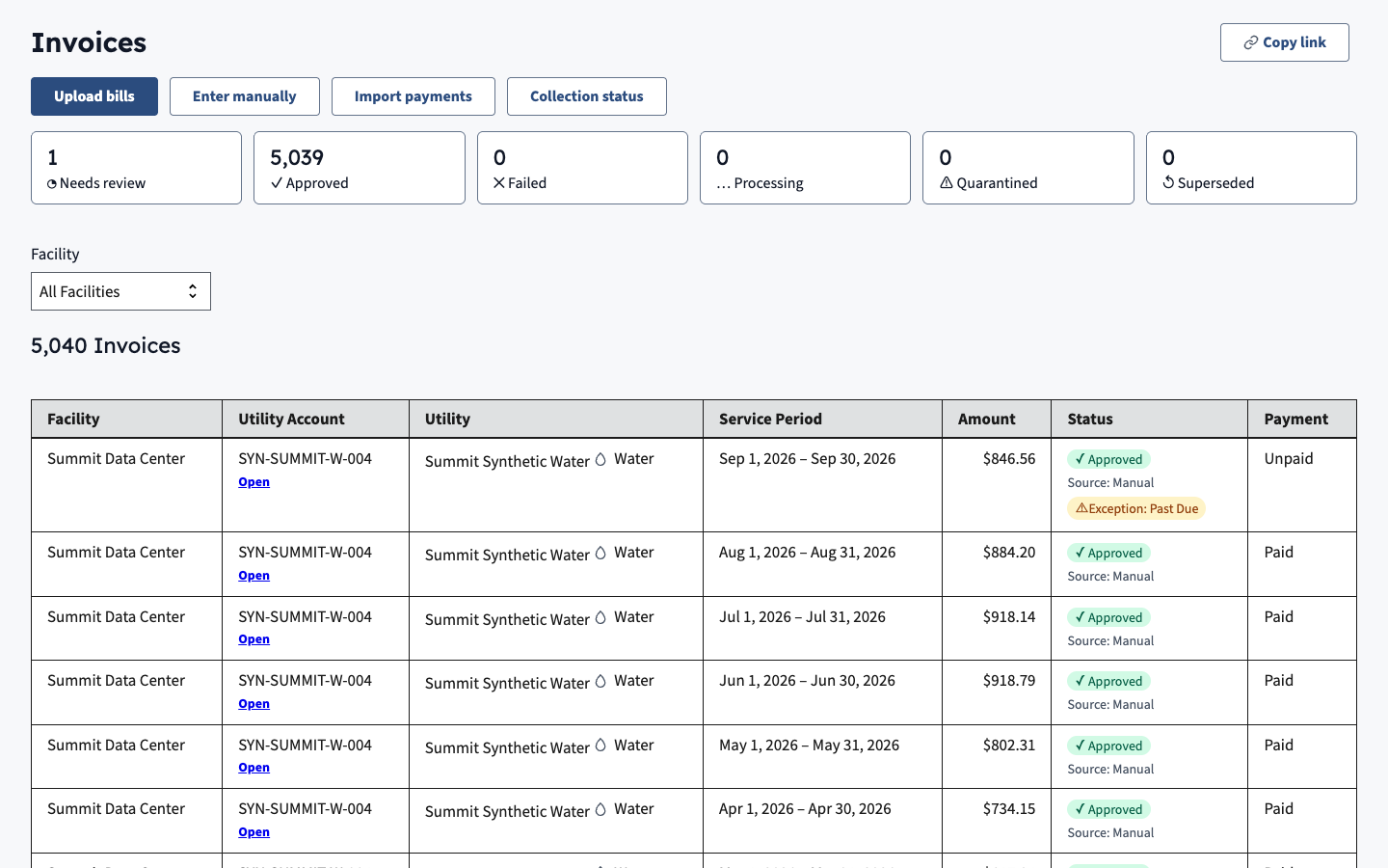 The Invoices screen: counts of bills by status above a table of bills with their facility, utility account, service period, amount and payment status.